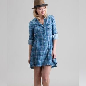 Ryan Michael Fiesta Plaid Cotton Roll Tab Sleeves Indigo Long Shirt Size Small